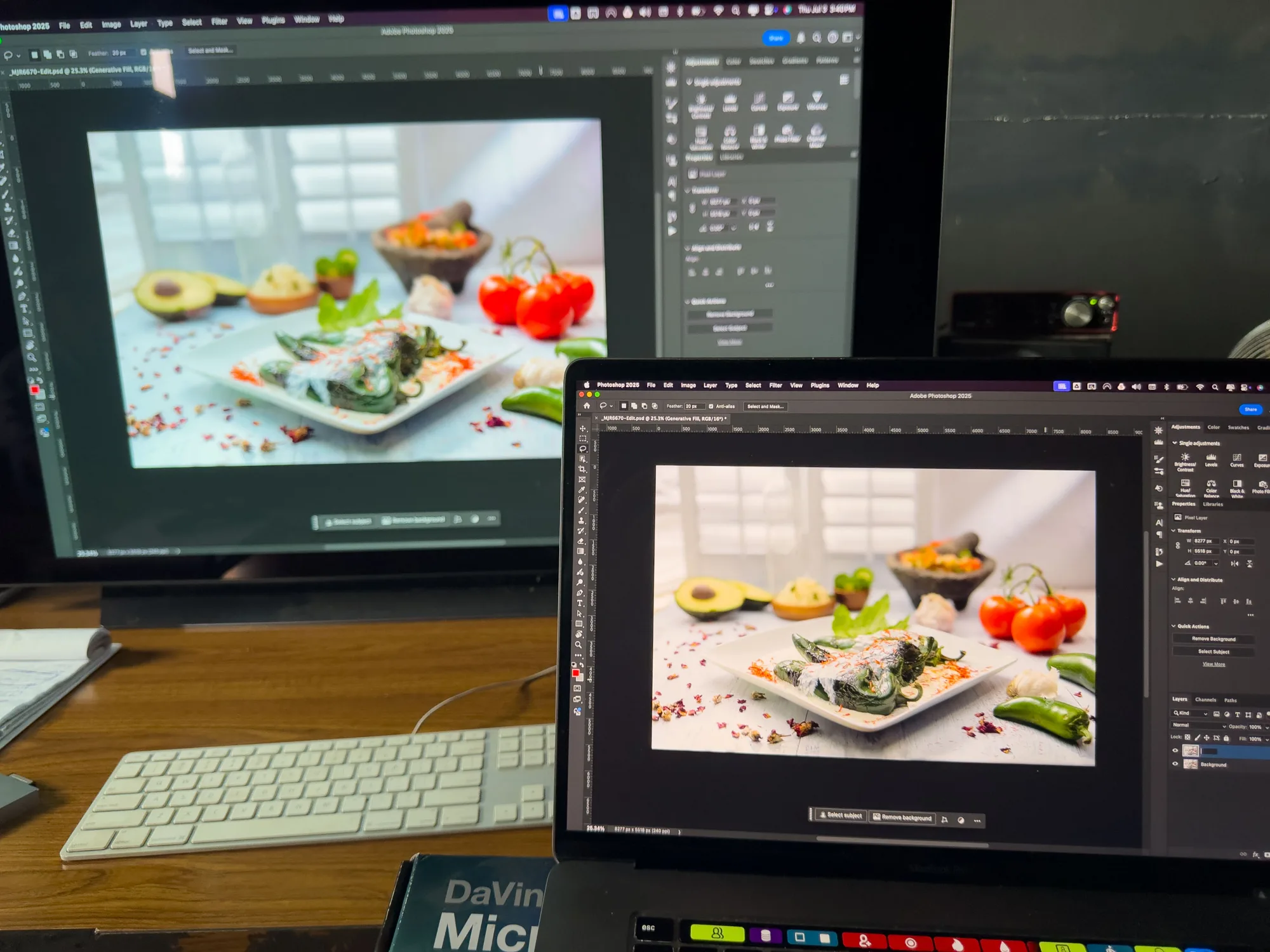 Post-production workstation with dual monitors retouching a food photograph - Raging Bull Food Photography