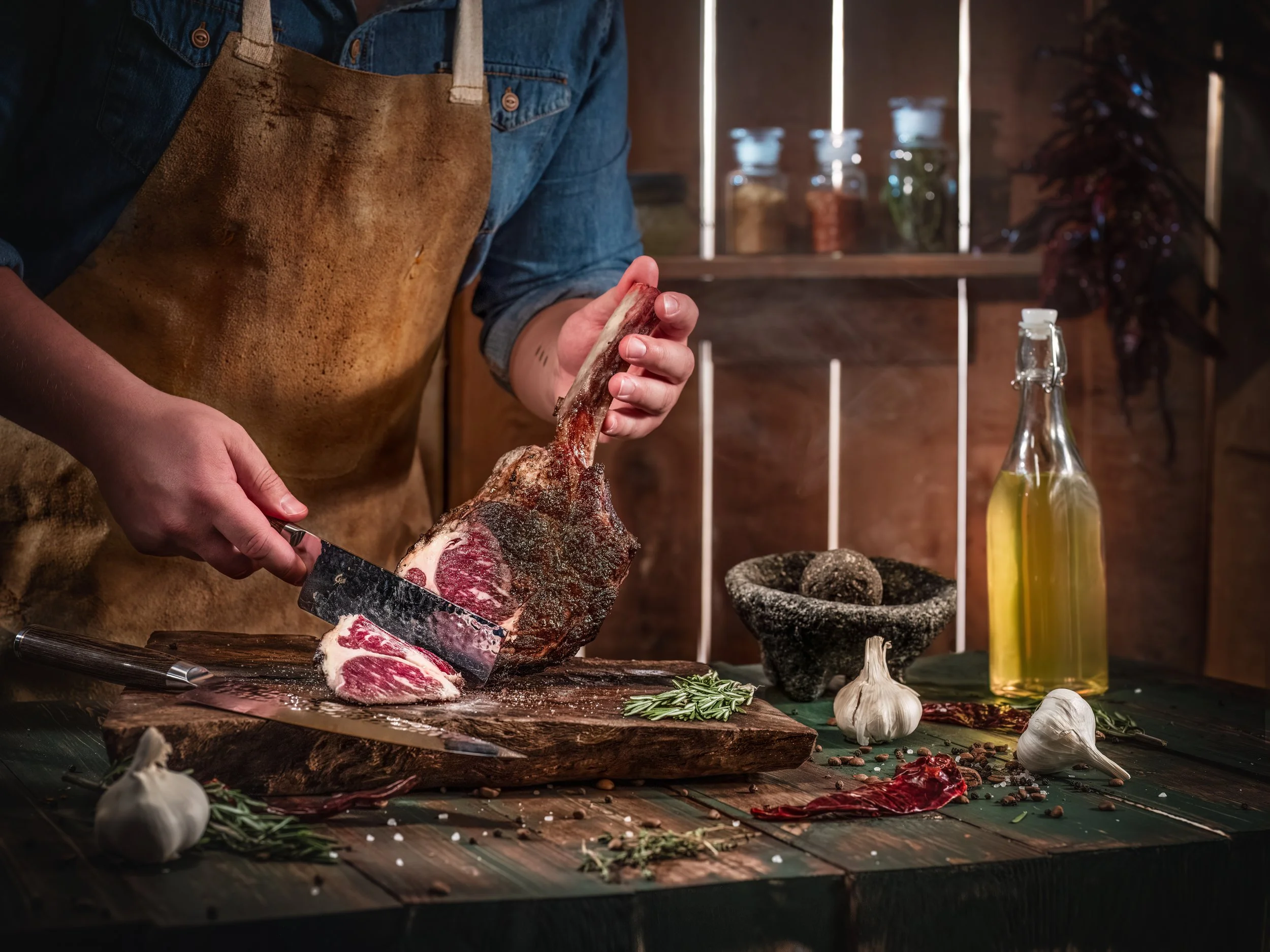 Butcher slicing a tomahawk steak on a wooden cutting board