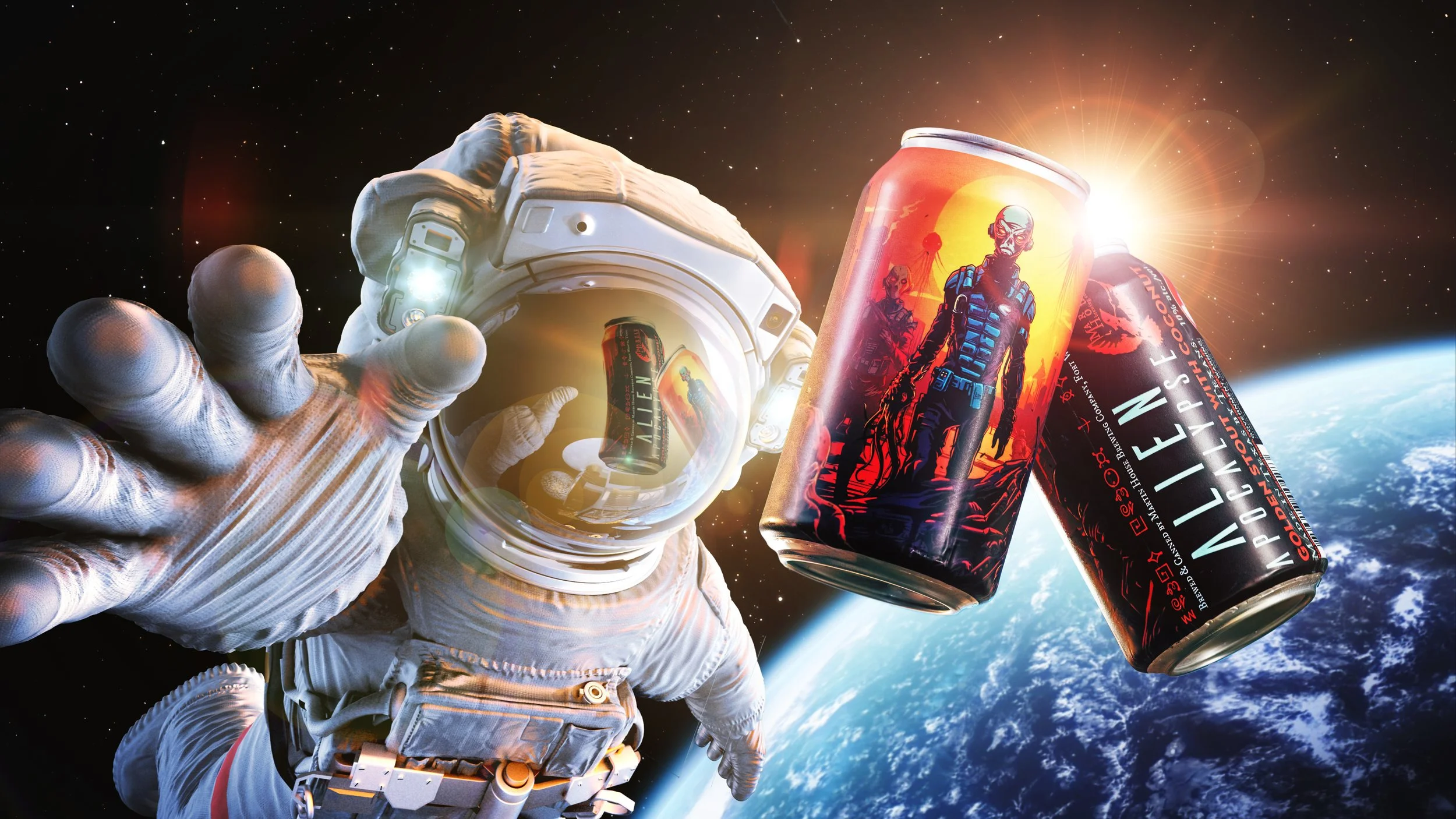 Astronaut reaching toward Alien energy drink cans above Earth