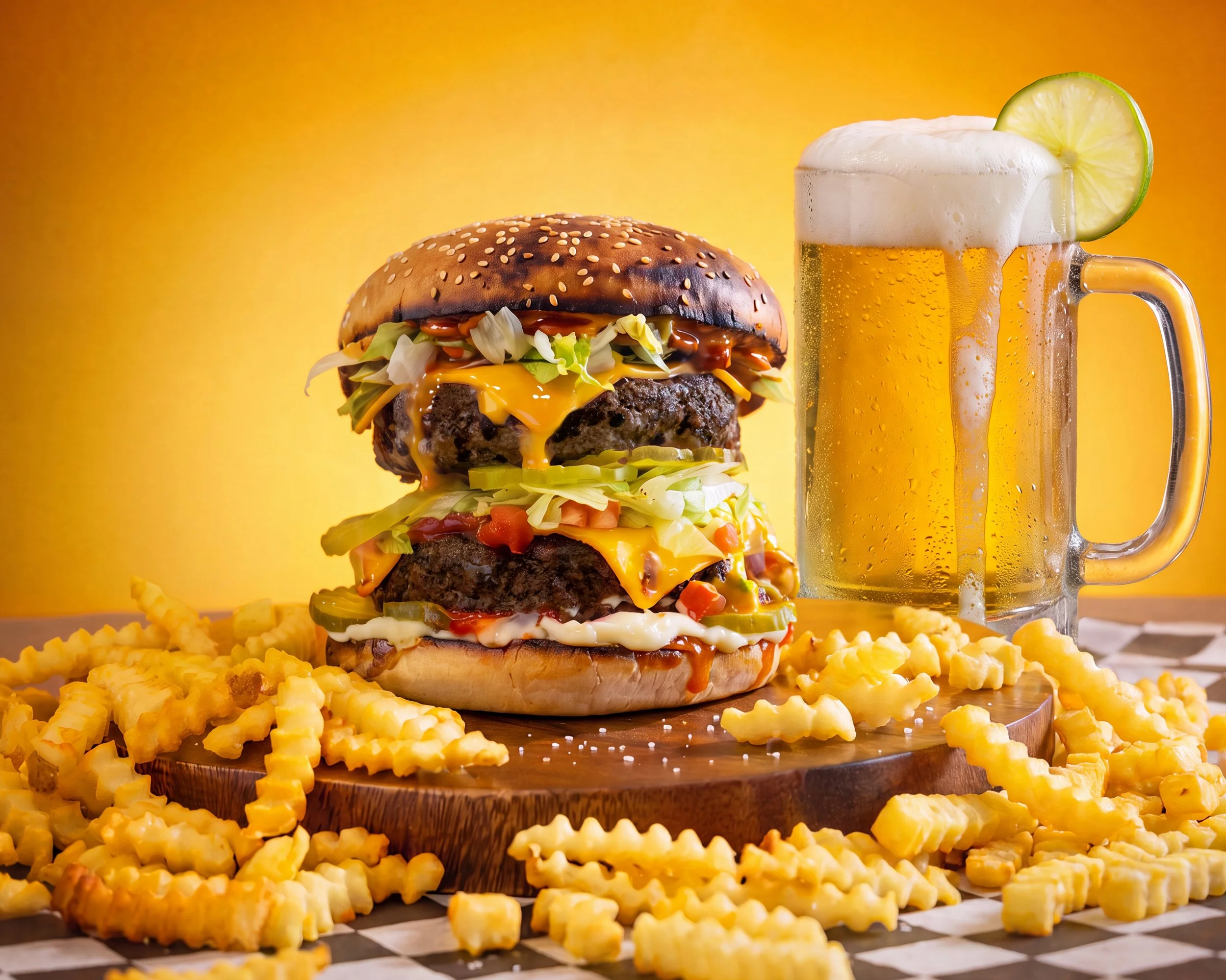 Double cheeseburger with crinkle fries and a mug of beer