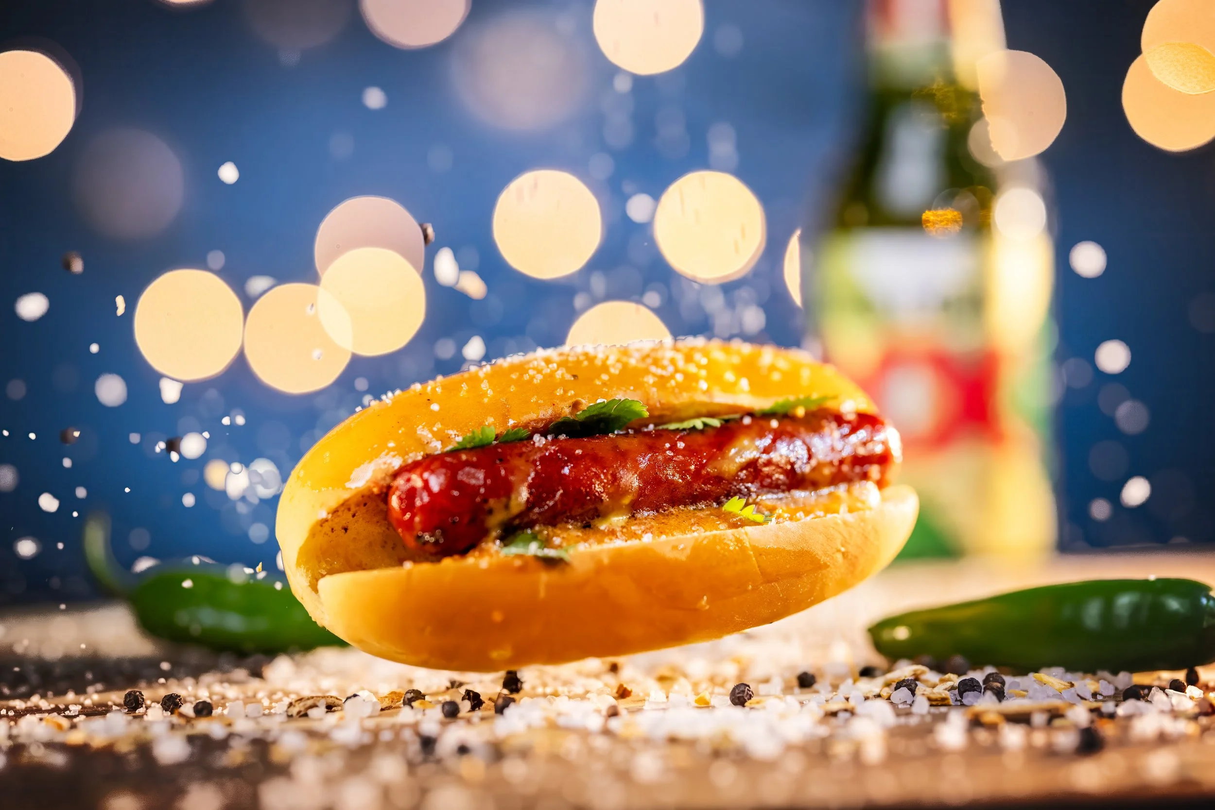 Hot dog with jalapenos and a beer against bokeh lights