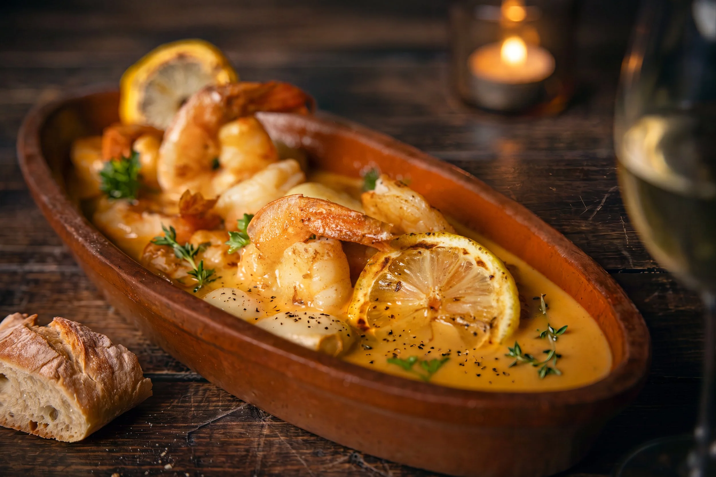 Shrimp scampi in a terracotta dish with lemon and white wine
