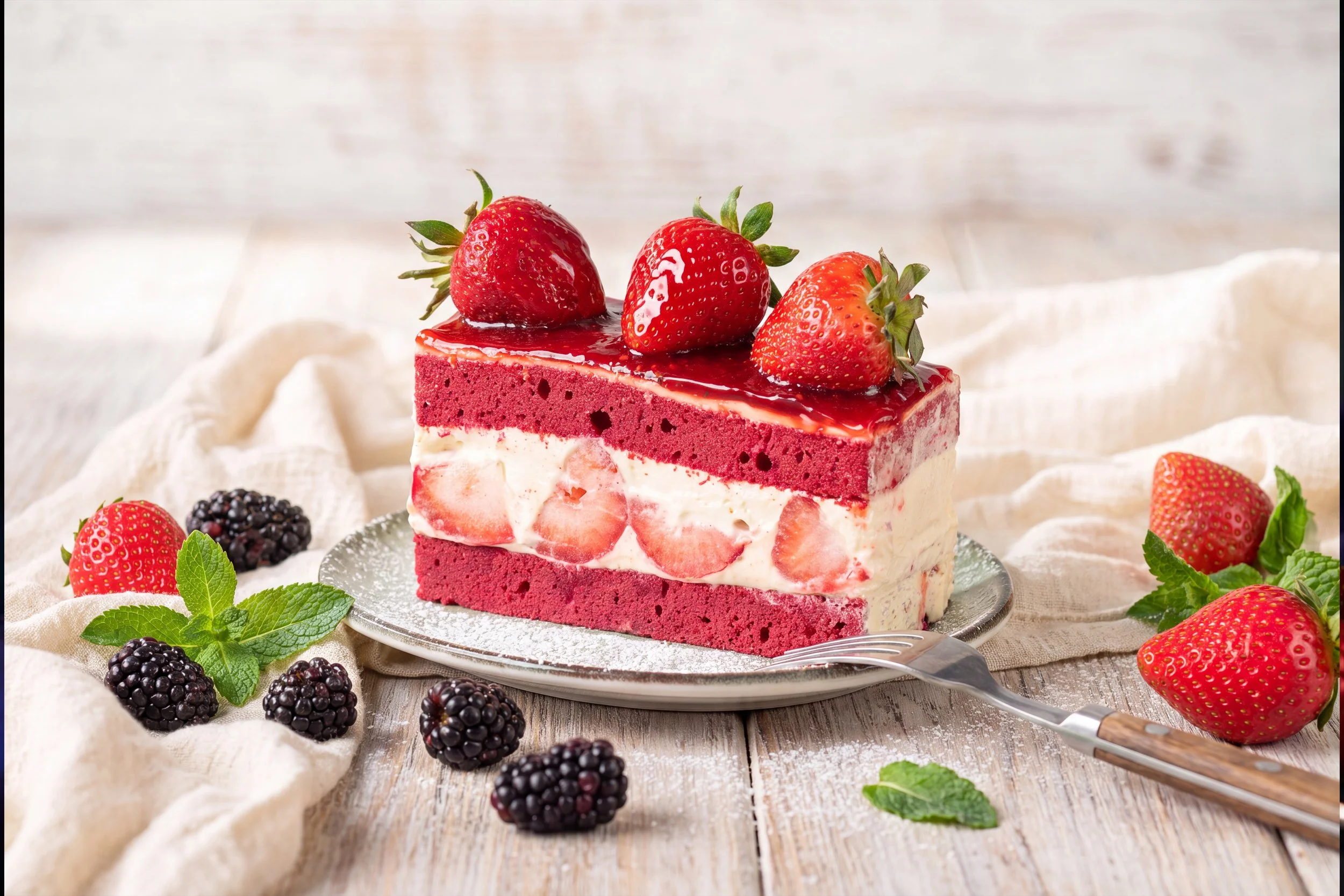 Slice of strawberry layer cake with fresh berries