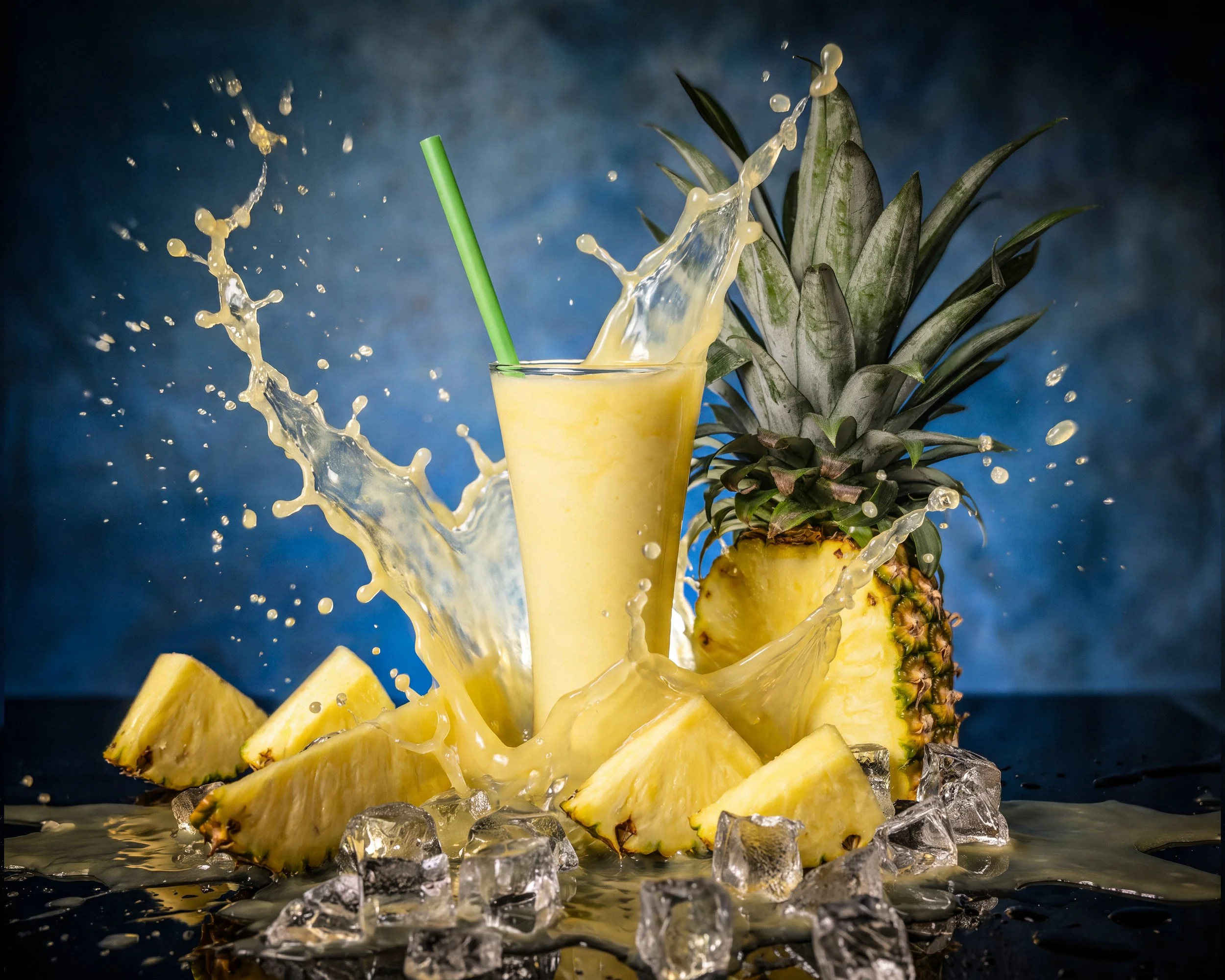 Pineapple juice splashing beside a whole pineapple and ice