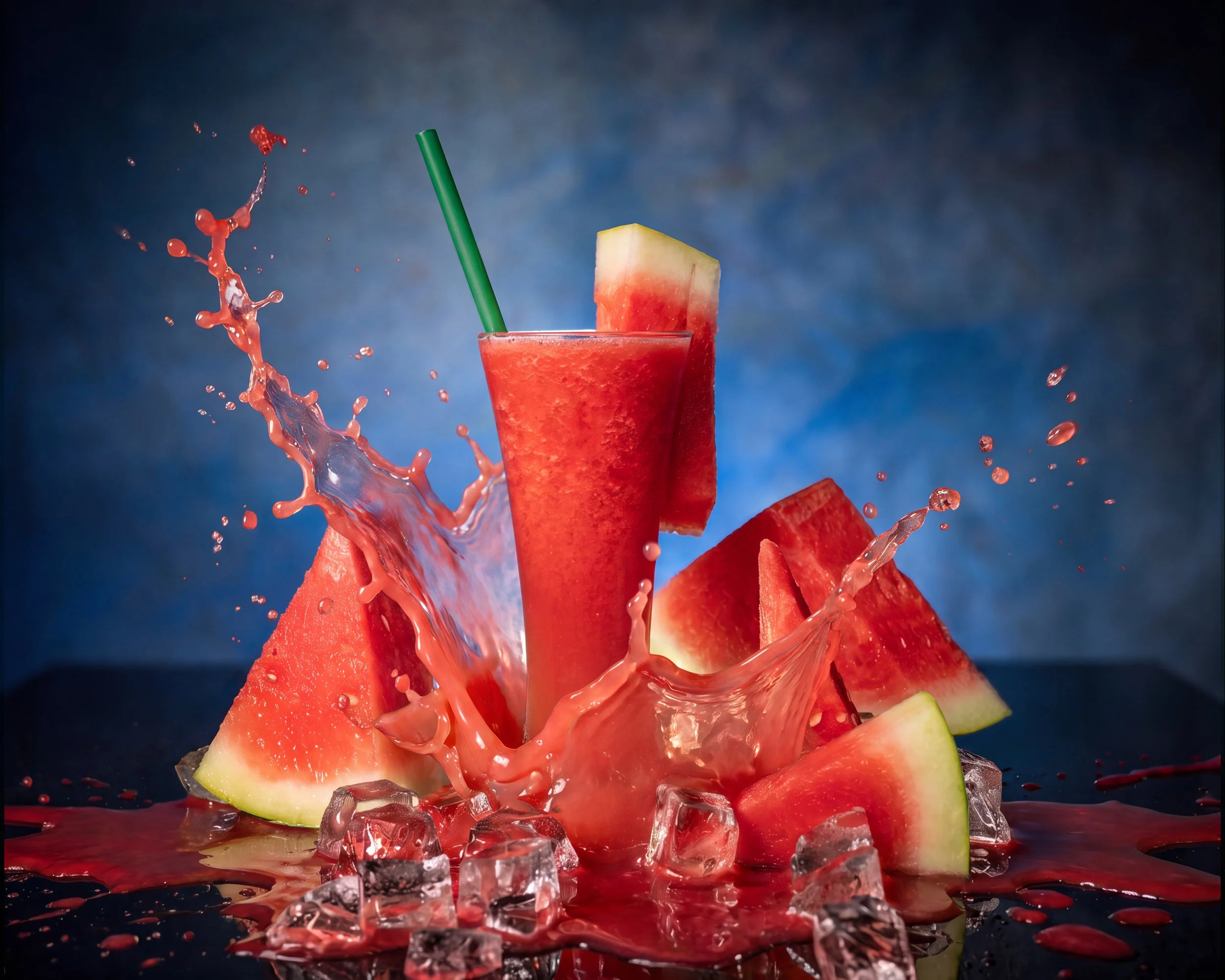 Watermelon juice splashing with watermelon wedges and ice