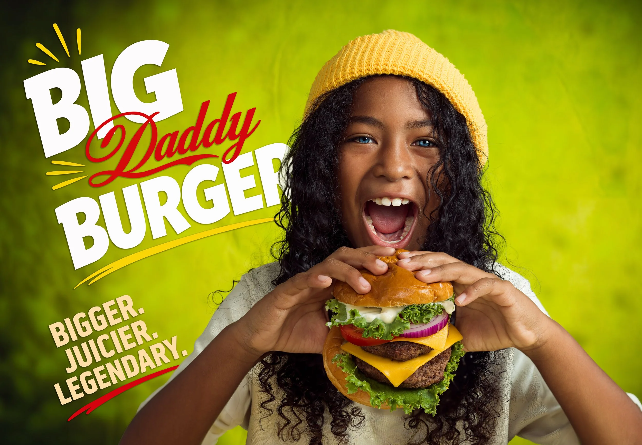 Smiling girl holding a Big Daddy Burger against a green background