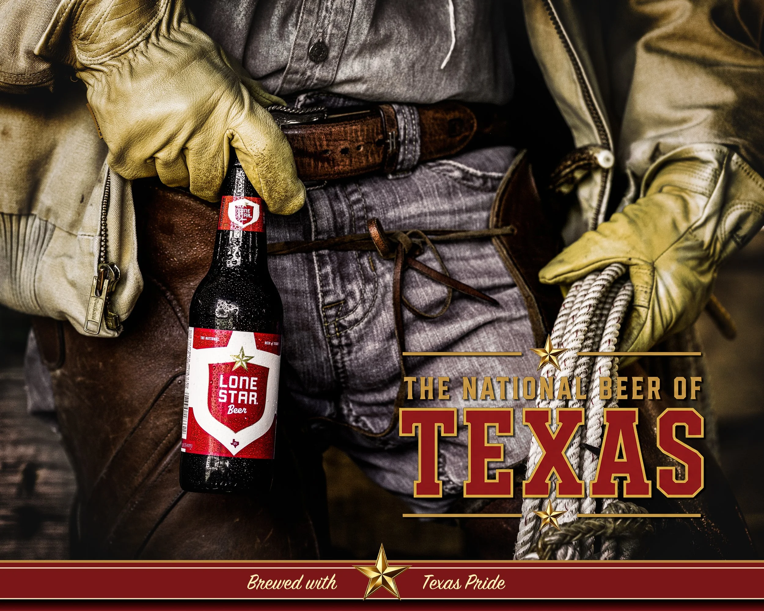 Lone Star Beer ad with a Texan holding a bottle beside a rope