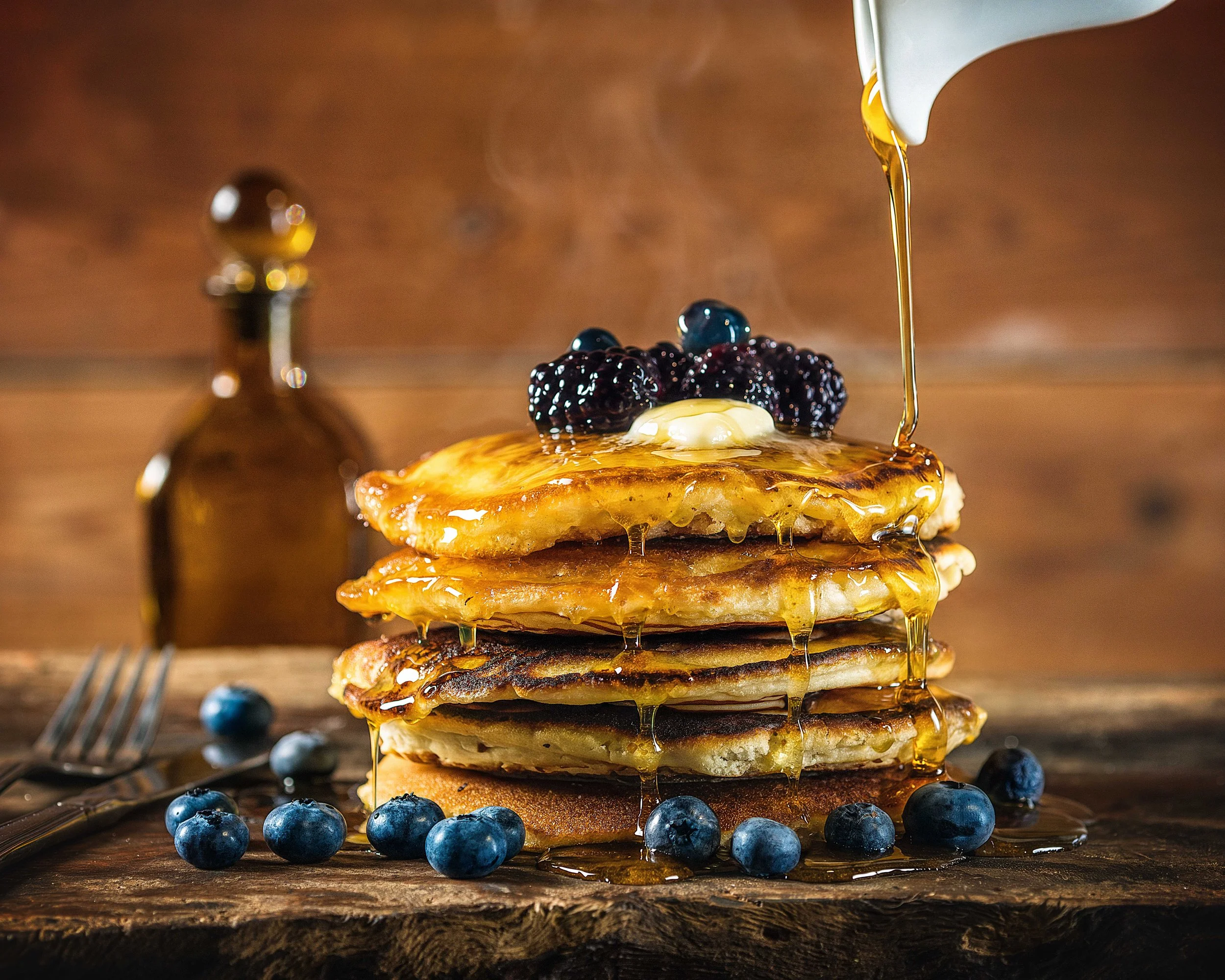 Stack of pancakes with blackberries and maple syrup being poured