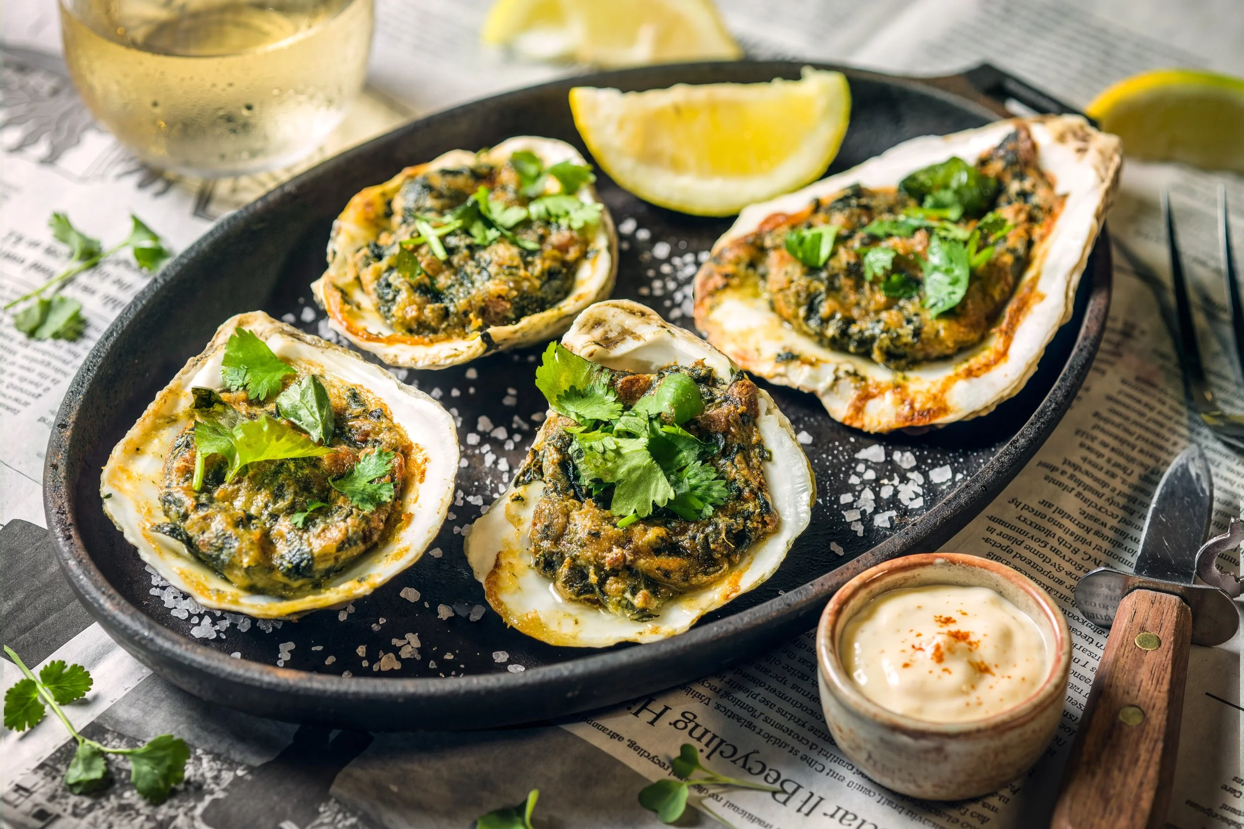 Baked oysters topped with herbs and lemon on a cast iron plate