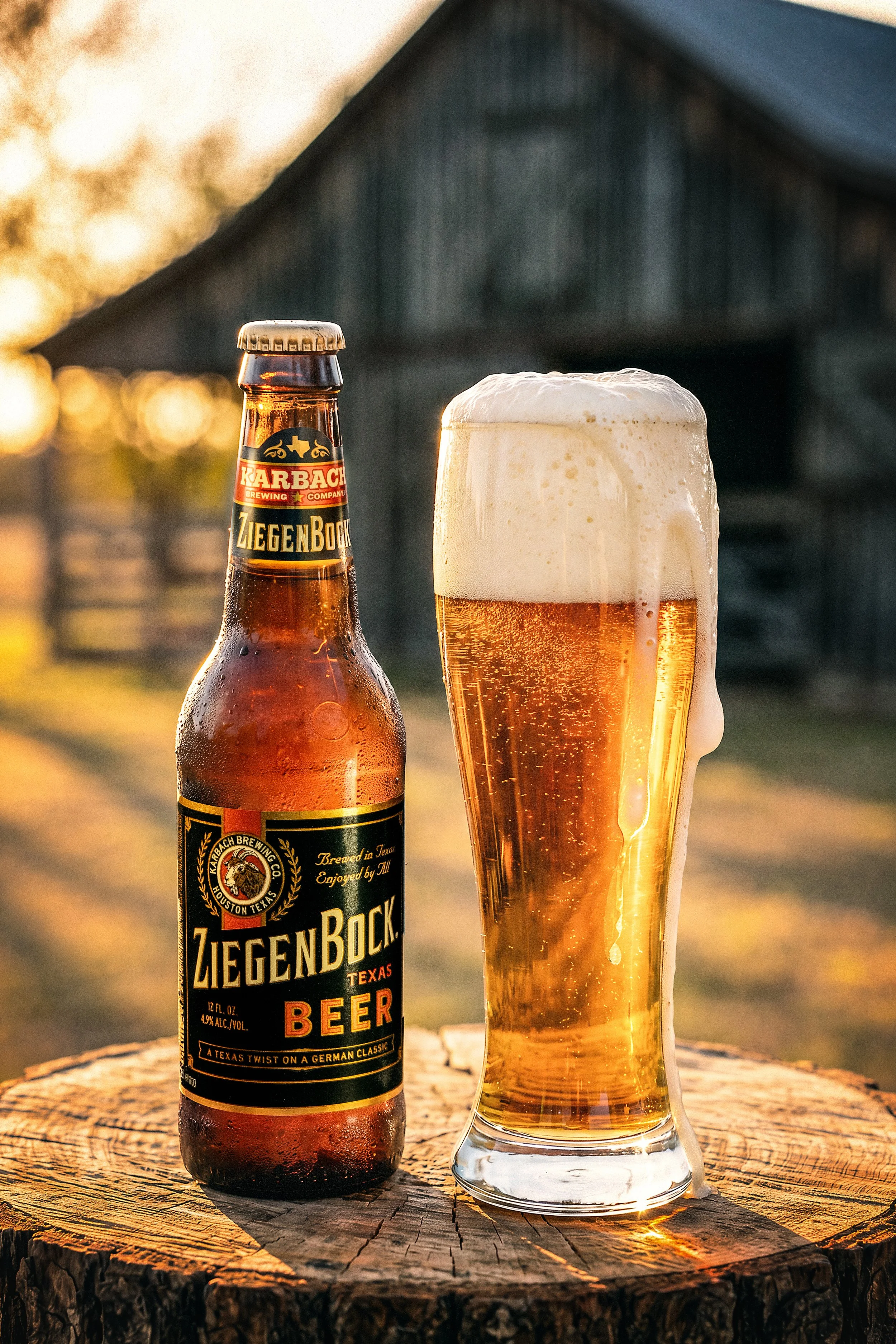 ZiegenBock beer bottle and full glass on a tree stump outside a barn